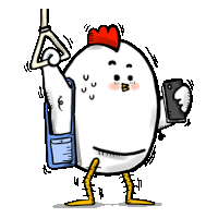 a cartoon of a chicken holding a cell phone and a hand rail .