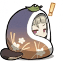 a cartoon of a girl wrapped in a blanket with a leaf on her head .