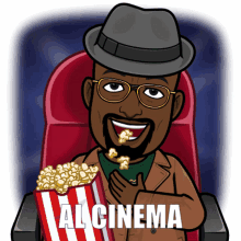 a cartoon of a man sitting in a red chair holding a striped bucket of popcorn with the words al cinema below him