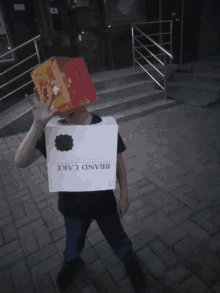 a boy with a box on his head that says brand cake on it