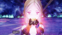 a girl in a video game is holding something in her hands and the word music is visible in the corner