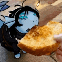 a cartoon character eating a piece of bread