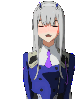 a girl with long white hair is wearing a blue suit and tie