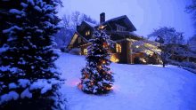 a christmas tree is lit up in front of a snowy house