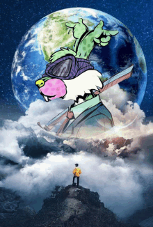 a cartoon of a man standing on top of a mountain looking at a giant planet