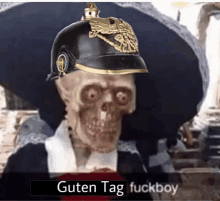 a picture of a skeleton wearing a helmet with the words guten tag fuckboy below it