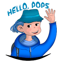 a cartoon drawing of a boy wearing a blue hat and a blue jacket with the words hello pops above him