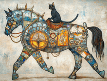 a painting of a horse with a black cat riding on it