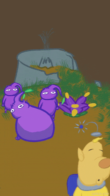 a cartoon drawing of purple and yellow animals with a yellow dog looking on