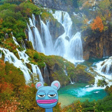 a cartoon character is standing in front of a waterfall in a forest .