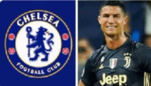 a picture of a chelsea football club logo next to a picture of a soccer player in a jeep jersey .