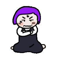 a cartoon character with purple hair is kneeling down