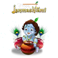 a cartoon of a baby krishna with a flute and the words janmashtami