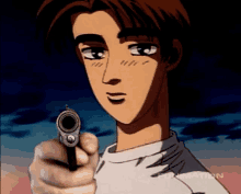 a man in a white shirt is pointing a gun at the camera and the word funimation is on the bottom right