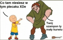 a cartoon of a boy standing next to a cartoon character with a caption that says twoj szampon ty maly kurwiu