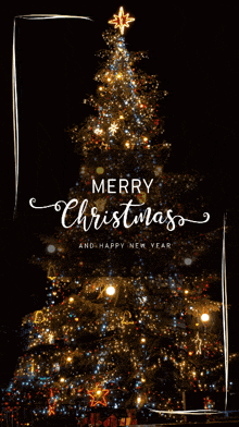 a merry christmas and happy new year greeting card with a christmas tree in the background