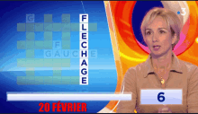 a woman stands in front of a screen that says 20 fevrier