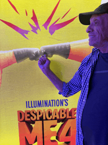 a man stands in front of a poster for illumination 's despicable me4