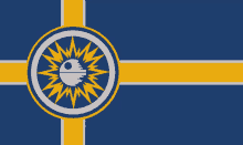 a blue and yellow flag with a star wars symbol on it