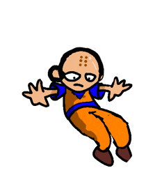 a cartoon character with a bald head and orange pants is flying through the air