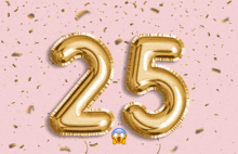 the number 25 is written in gold balloons on a pink background