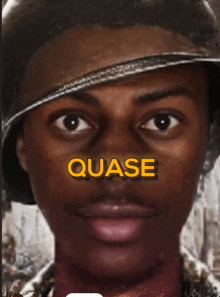 a close up of a man 's face with the word quase on the bottom