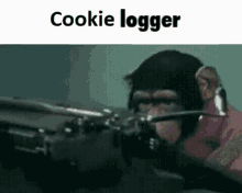 a chimpanzee is holding a gun and the words cookie logger are above him