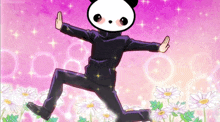 a cartoon character with a panda head is running through a field of daisies