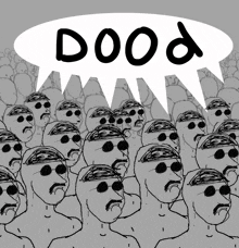 a drawing of a crowd with a speech bubble saying dood