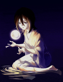 a girl in a kimono is kneeling down in the dark holding a glowing ball in her hands