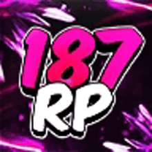 a pink and white logo for 187 rp on a purple background