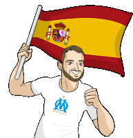 a man wearing a shirt that says droit au but is holding up a spanish flag