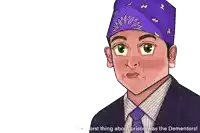 a cartoon of a man wearing a purple bandana with the words the worst thing about prison was the dementors below him