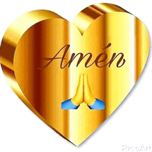 a golden heart with the word amen written on it