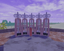 a computer generated image of a building with a purple sky and palm trees