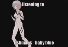 a woman in a white suit is dancing in the dark while listening to fishmans baby blue .