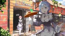 a maid is holding a tray of food in front of a restaurant that says open