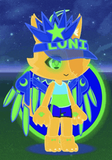 a cartoon character wearing a blue hat with the word luni on it