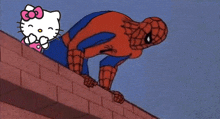 a cartoon of spider-man and hello kitty standing on a brick wall