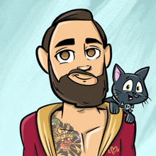 a cartoon drawing of a man with a tattoo on his chest holding a cat