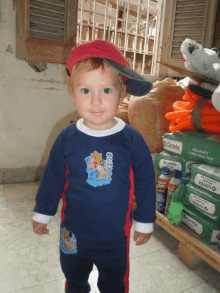 a little boy wearing a red hat and a blue shirt that says ' disney ' on the front