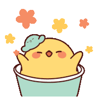 a cartoon drawing of a yellow chicken in a bathtub with flowers coming out of it