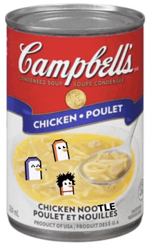 a can of campbell 's chicken noodle soup has a spoon in it