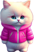 a white cat with blue eyes is wearing a pink jacket with the letter n on it