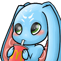 a cartoon of a blue bunny drinking a mcdonald 's drink through a straw