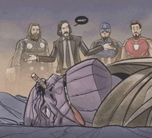 a group of superheros are standing around a purple robot with a speech bubble that says what