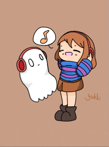 a drawing of a girl with headphones and a ghost with a note in it