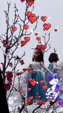 a little girl in a frozen dress is surrounded by hearts