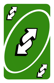 a green uno card with two white arrows pointing in opposite directions on it