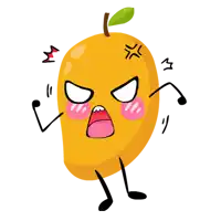 a cartoon illustration of a mango with arms and legs and an angry face